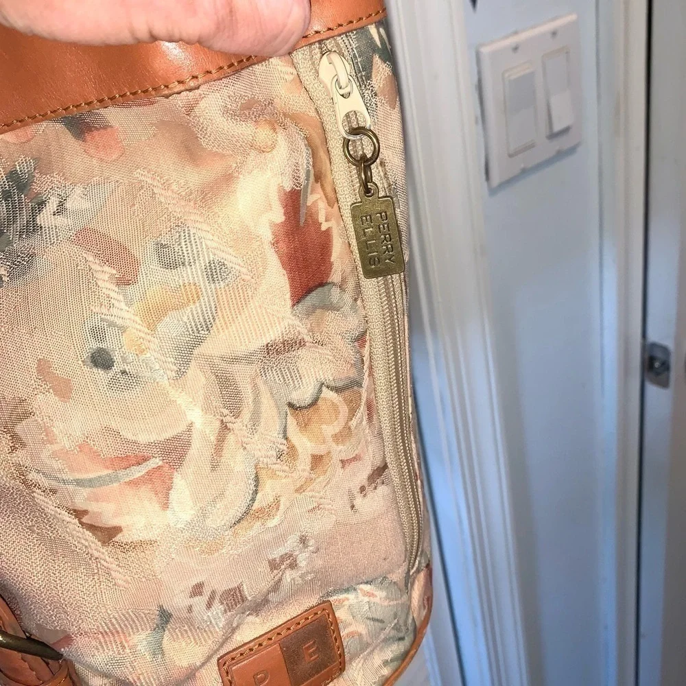 Perry Ellis vintage floral canvas bucket purse with leather trim